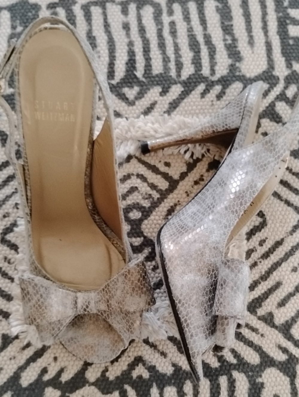 Stuart Weitzman Silver Copper Snakeskin Peep-Toe Slingback Heels with Bow Sz 7